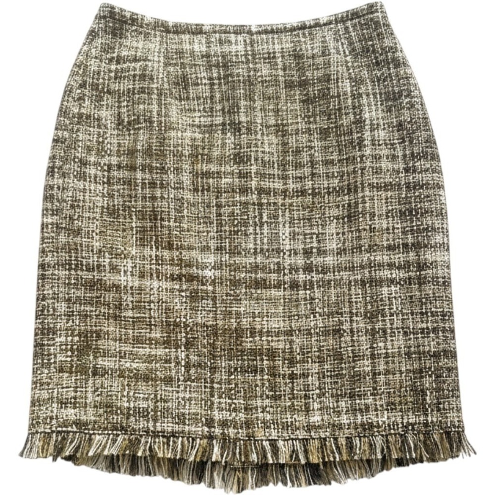 Tweed Fringe Pencil Skirt‎ Size 12 Black Ivory Gold Boucle Career Chic